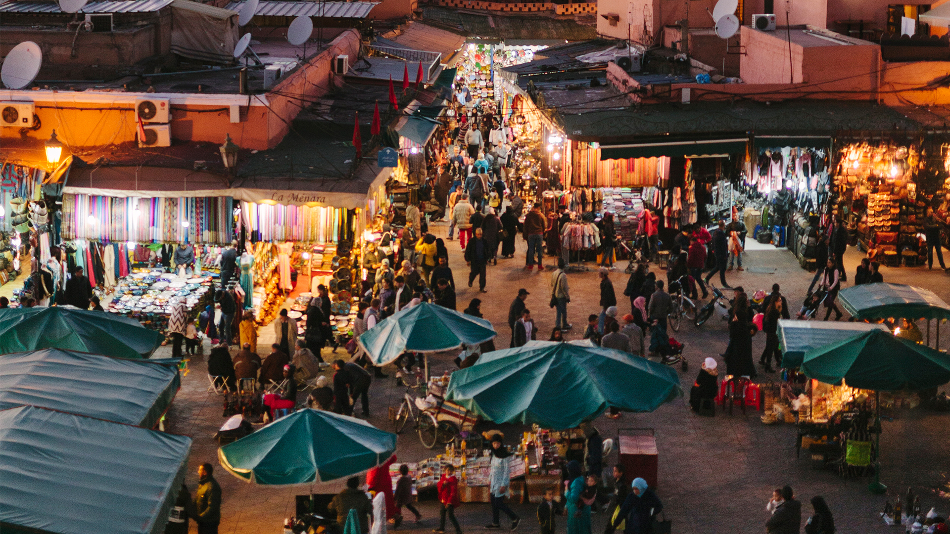Dusk at Jemaa el-Fnaa Square market in Marrakech